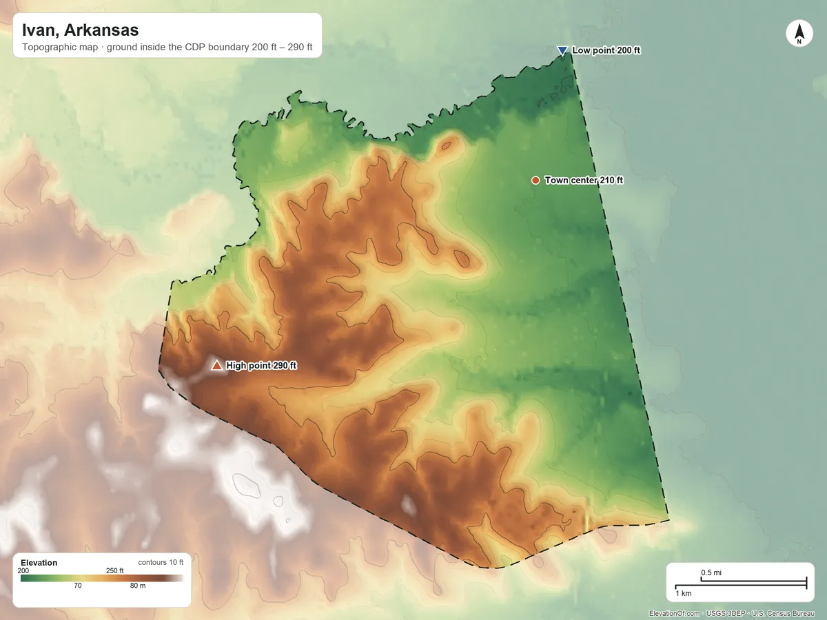 Topographic elevation map of Ivan, Arkansas, shaded from 200 ft on the north side to 290 ft on the southwest side