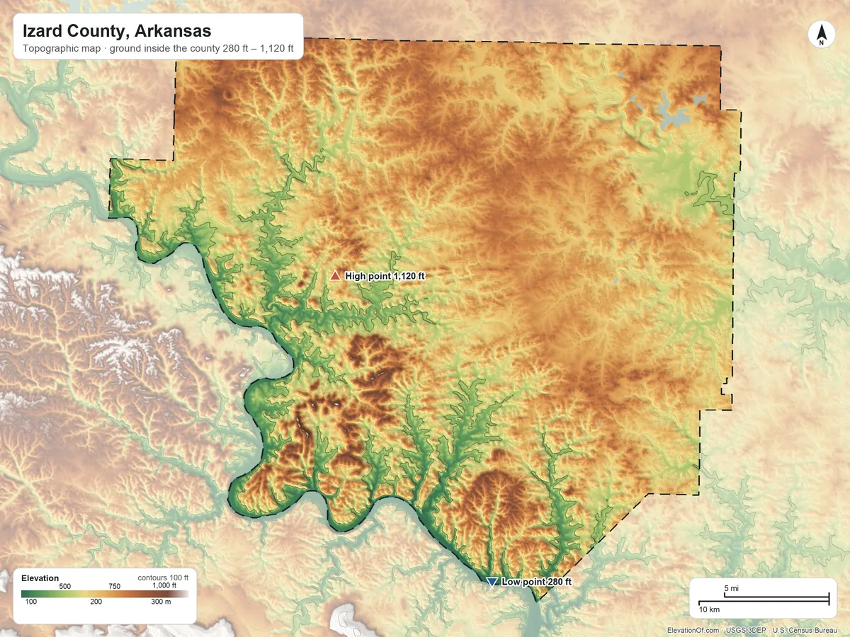 Topographic elevation map of Izard County, Arkansas, shaded from 280 ft on the south side to 1,120 ft on Pilot Knob