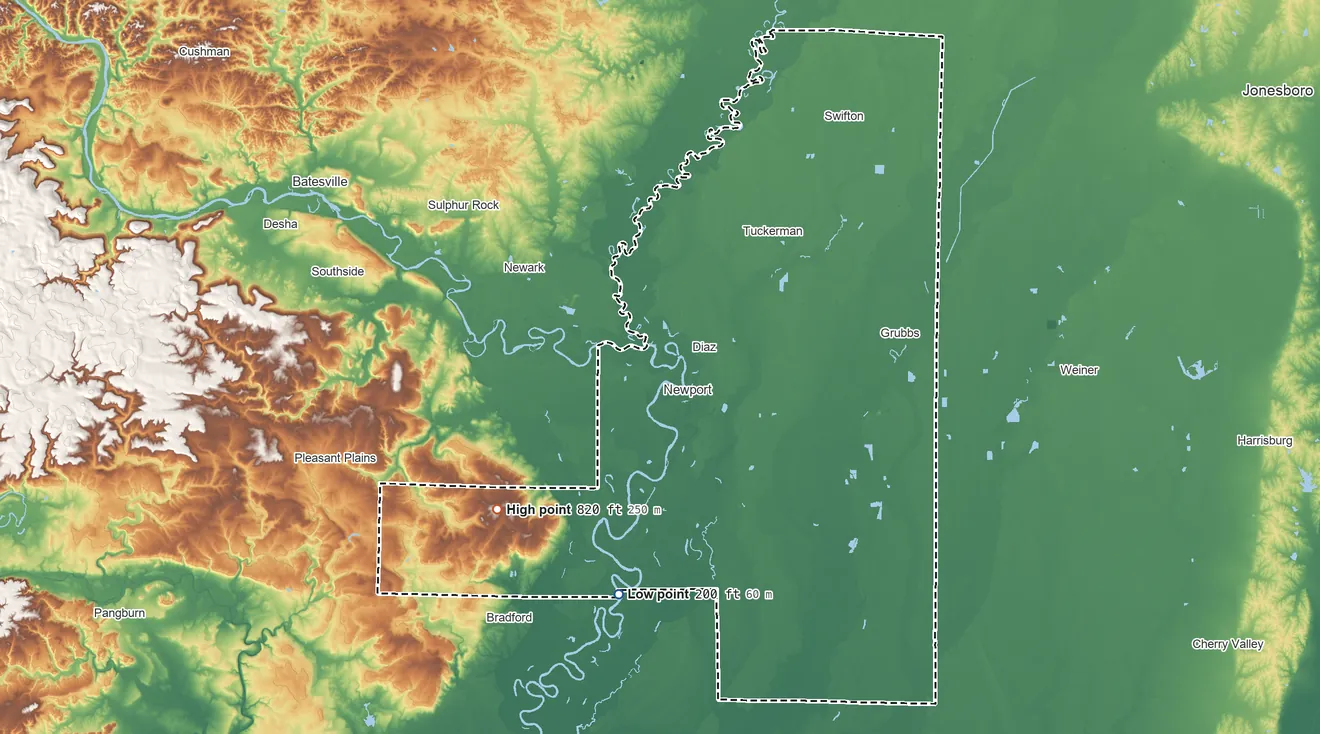 Topographic elevation map of Jackson County, Arkansas, shaded from 200 ft on the south side to 820 ft on the southwest side