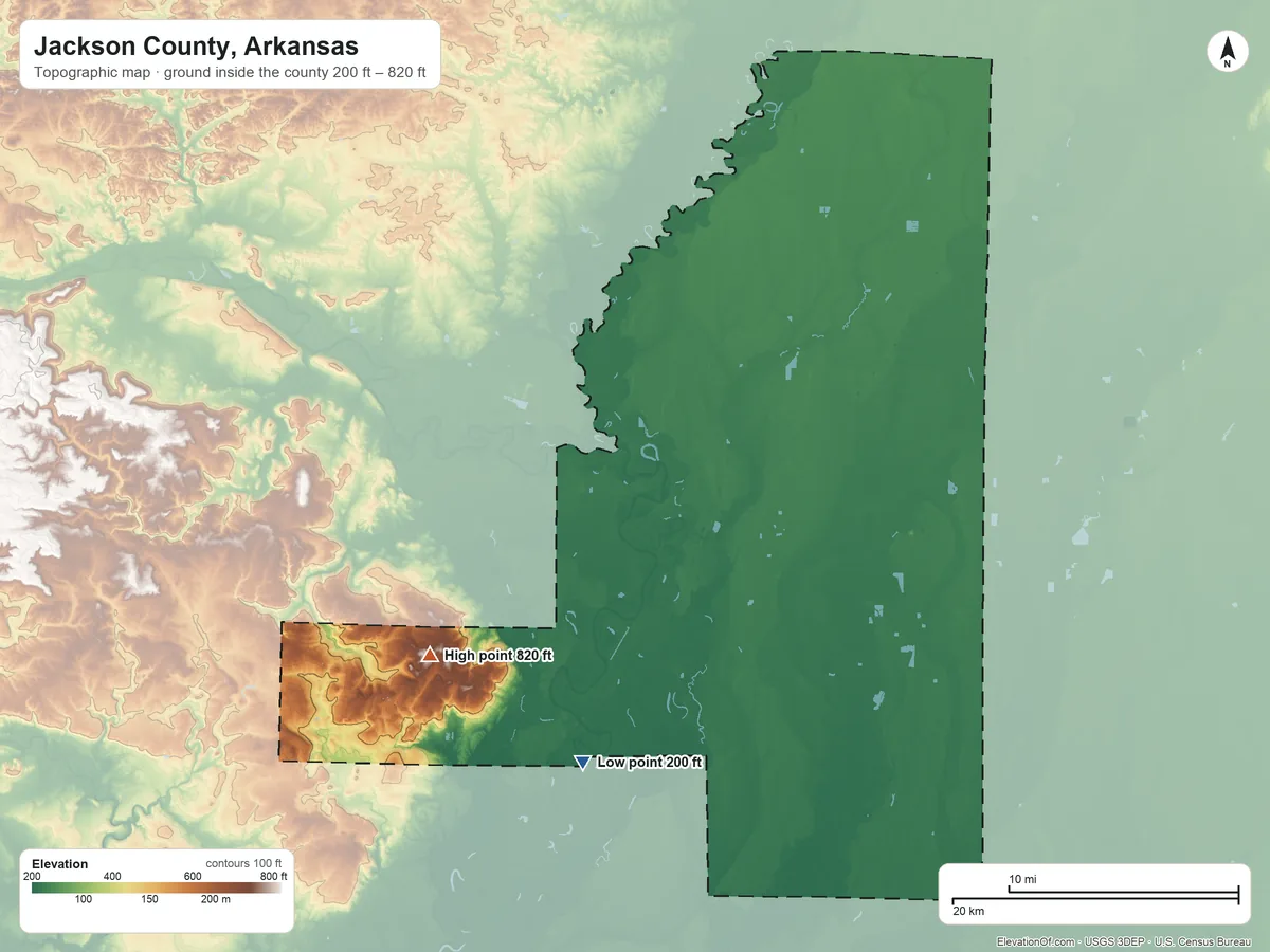 Topographic elevation map of Jackson County, Arkansas, shaded from 200 ft on the south side to 820 ft on the southwest side