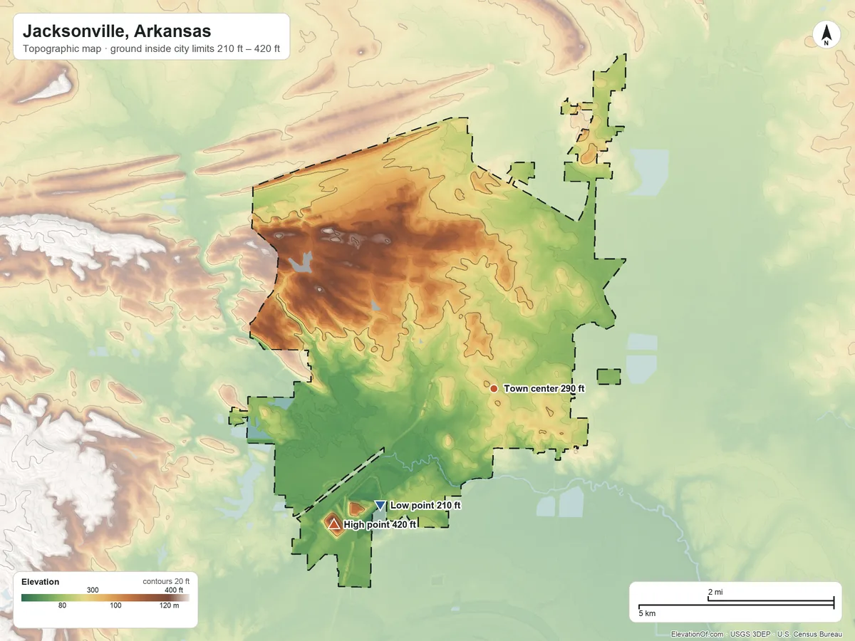Topographic elevation map of Jacksonville, Arkansas, shaded from 210 ft on the southwest side to 420 ft on the southwest side