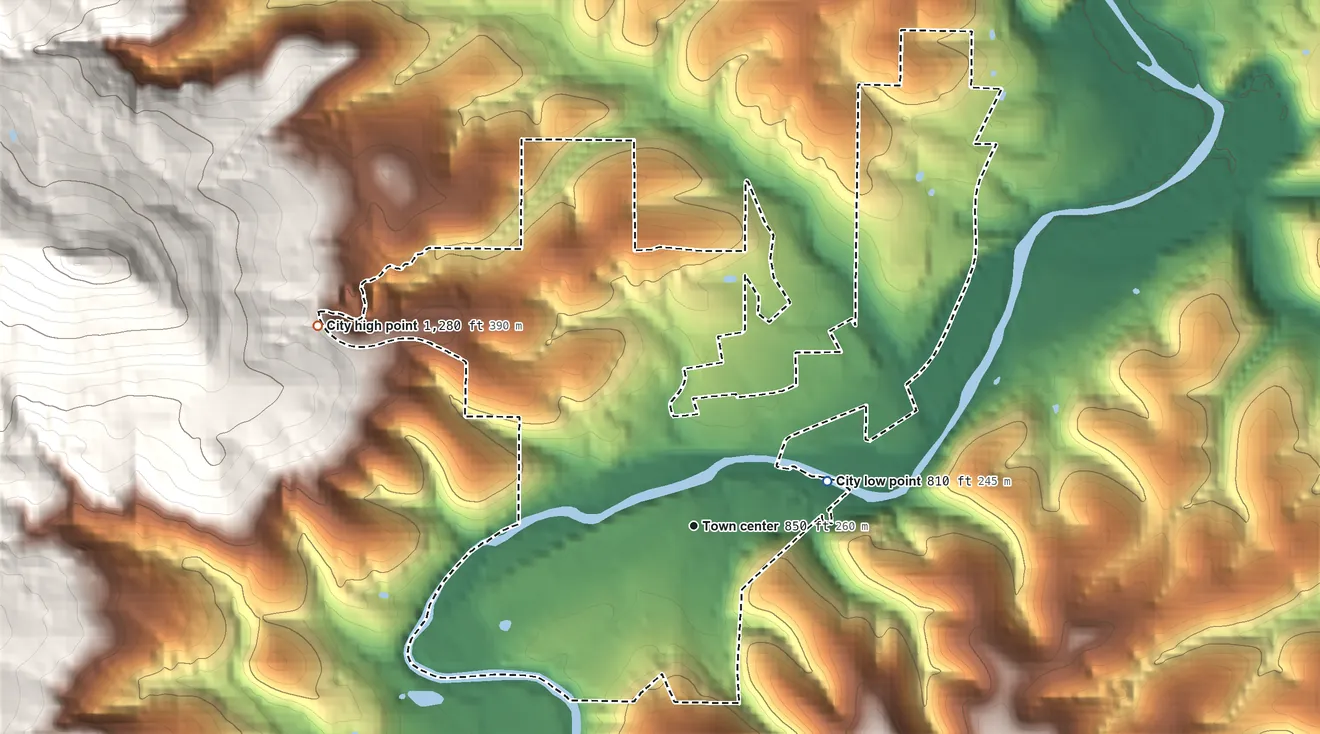 Topographic elevation map of Jasper, Arkansas, shaded from 810 ft on the east side to 1,280 ft on the northwest edge, below higher ground just outside