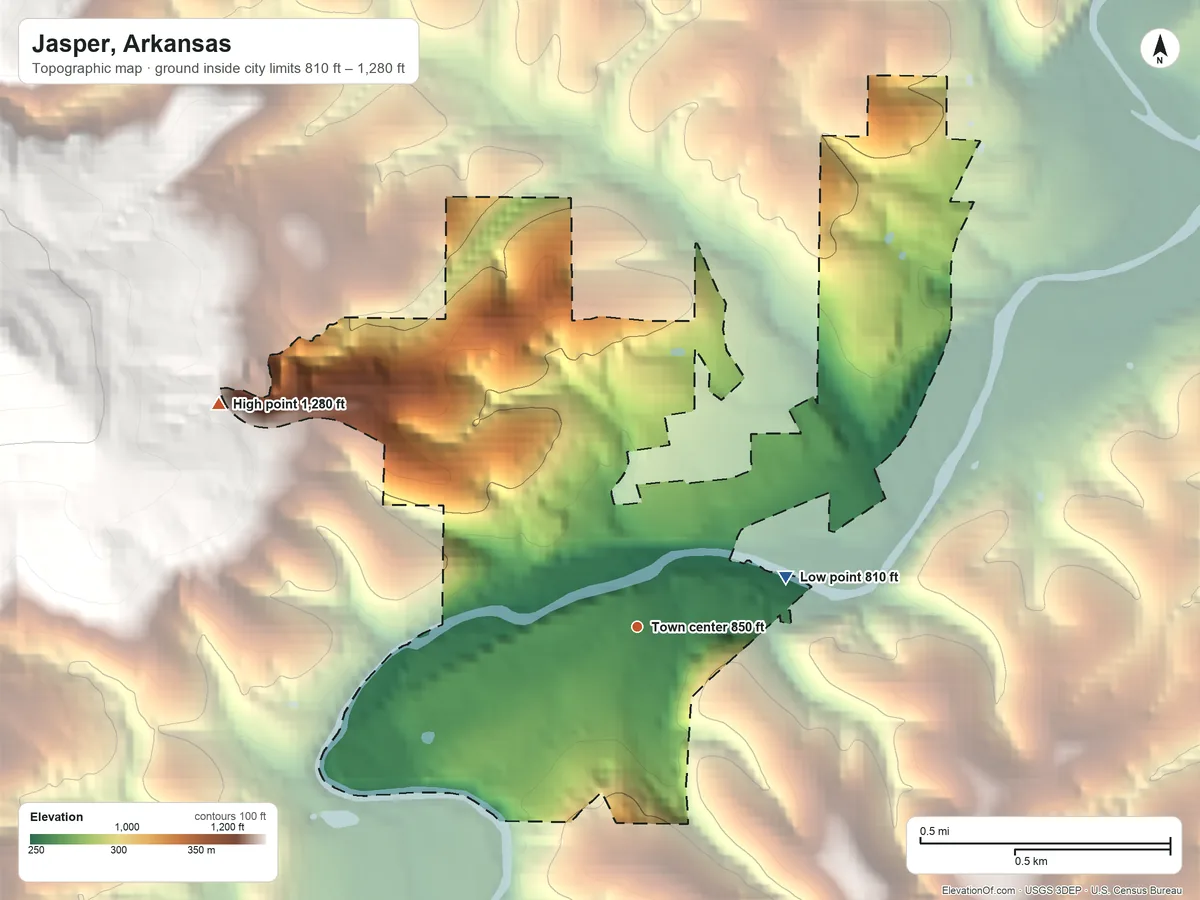 Topographic elevation map of Jasper, Arkansas, shaded from 810 ft on the east side to 1,280 ft on the northwest edge, below higher ground just outside