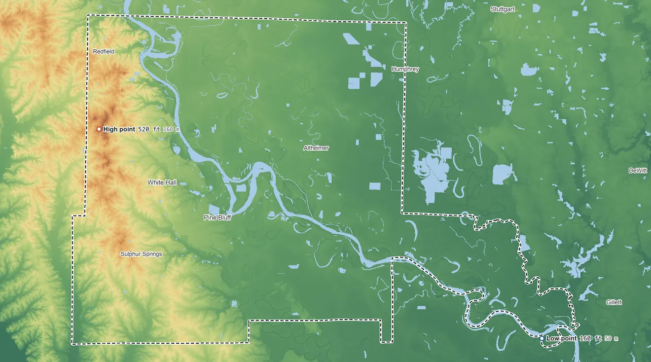 Topographic elevation map of Jefferson County, Arkansas, shaded from 160 ft on the southeast side to 520 ft on the west side