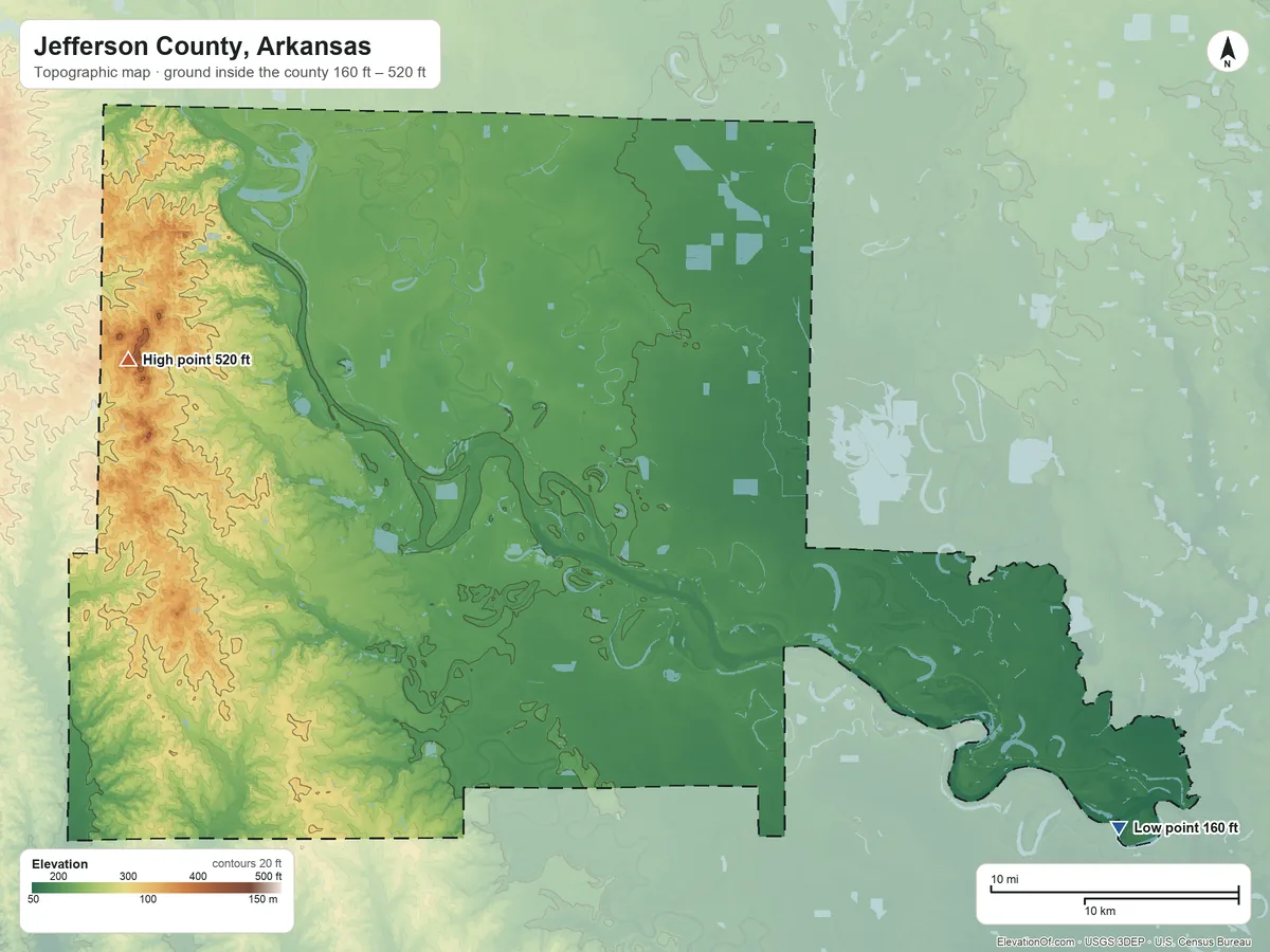 Topographic elevation map of Jefferson County, Arkansas, shaded from 160 ft on the southeast side to 520 ft on the west side