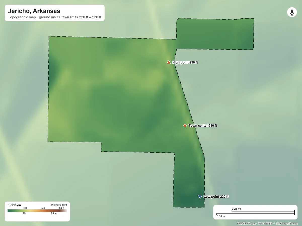 Topographic elevation map of Jericho, Arkansas, shaded from 220 ft on the south side to 230 ft on the north side