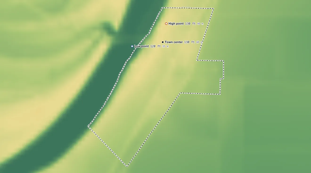Topographic elevation map of Jerome, Arkansas, shaded from 120 ft on the west side to 130 ft near the middle
