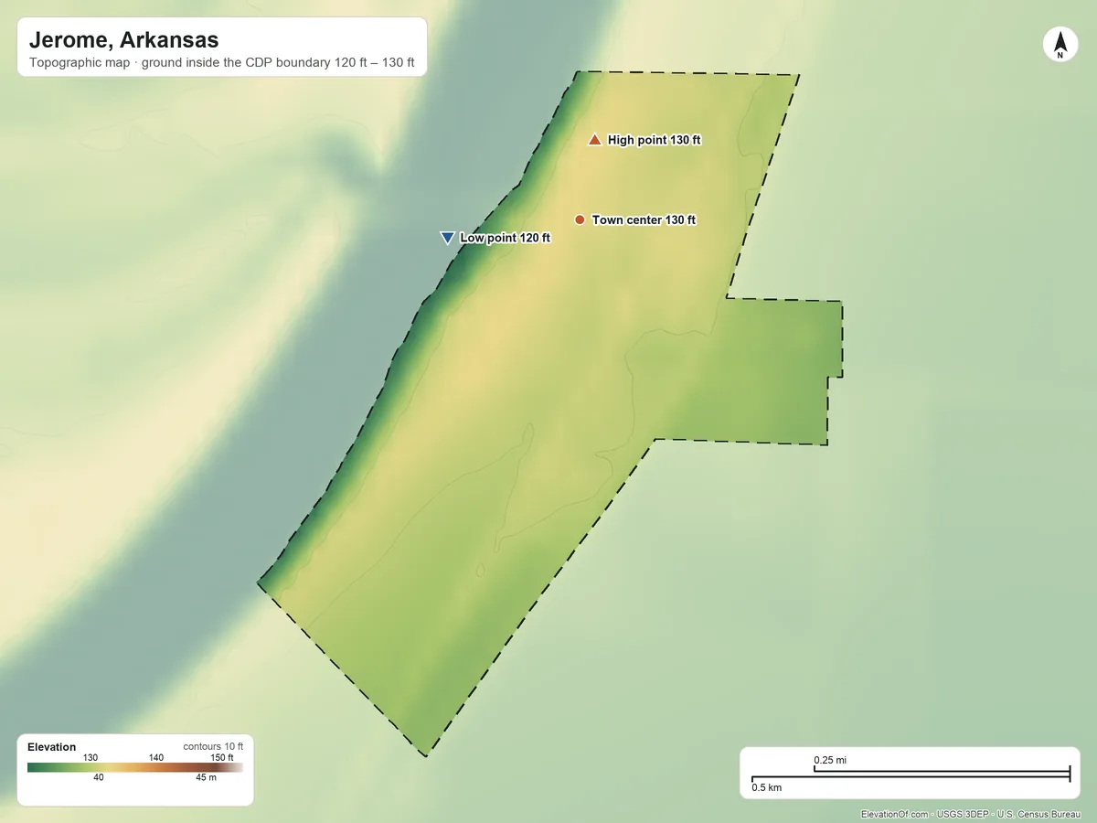 Topographic elevation map of Jerome, Arkansas, shaded from 120 ft on the west side to 130 ft near the middle