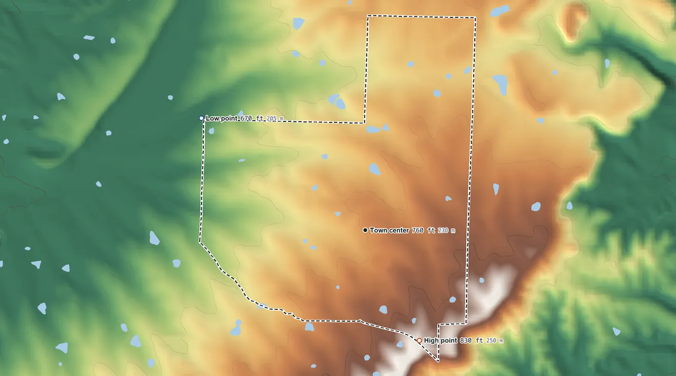 Topographic elevation map of Jerusalem, Arkansas, shaded from 670 ft on the northwest side to 830 ft on the southeast side