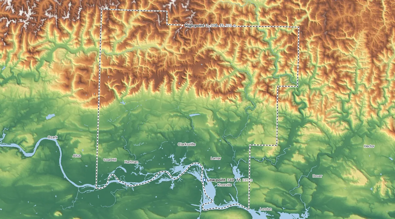 Topographic elevation map of Johnson County, Arkansas, shaded from 340 ft on the south side to 2,370 ft on Garlands Knob