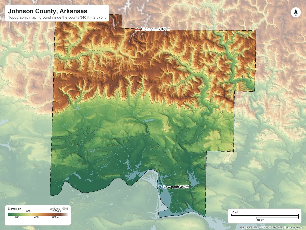 Topographic elevation map of Johnson County, Arkansas, shaded from 340 ft on the south side to 2,370 ft on Garlands Knob