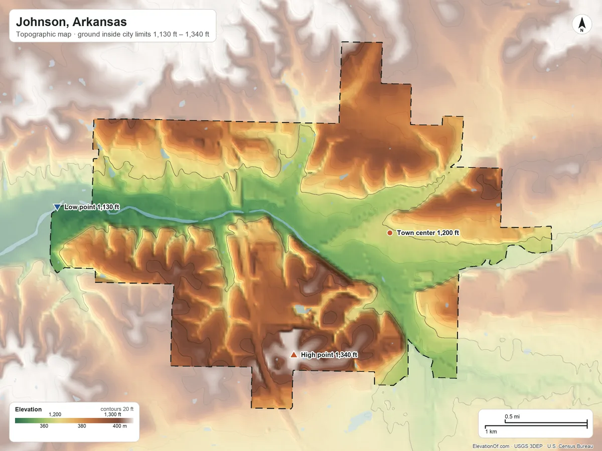 Topographic elevation map of Johnson, Arkansas, shaded from 1,130 ft on the west side to 1,340 ft on the southwest side
