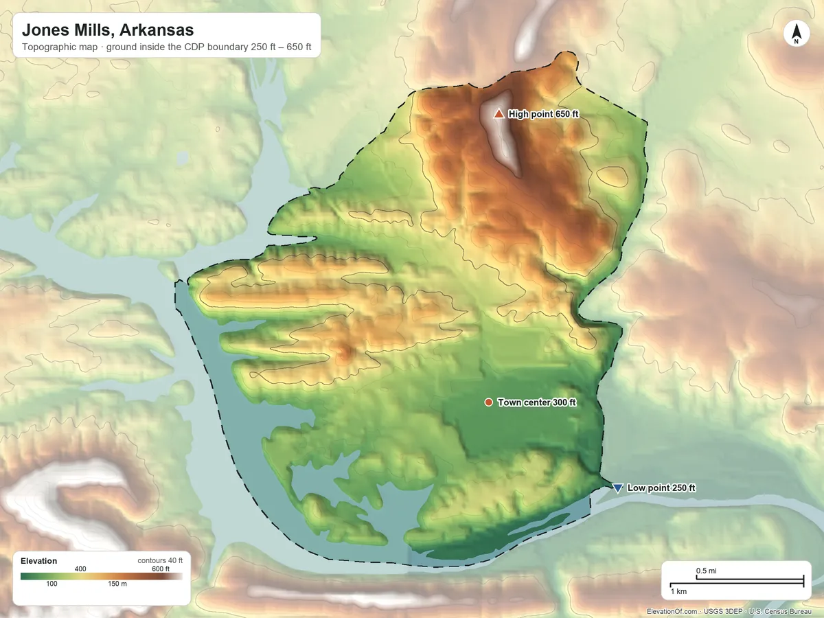 Topographic elevation map of Jones Mills, Arkansas, shaded from 250 ft on the southeast side to 650 ft on the north side