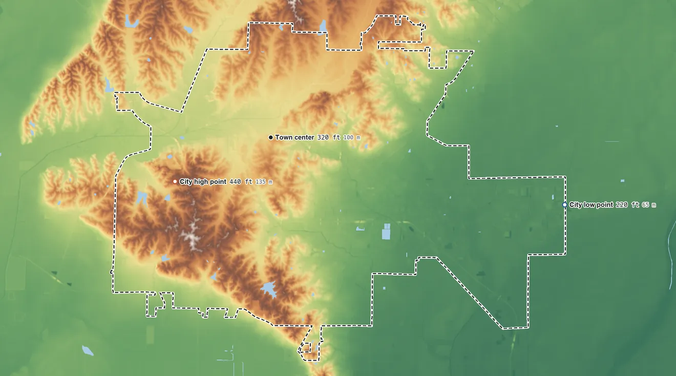 Topographic elevation map of Jonesboro, Arkansas, shaded from 220 ft on the east side to 440 ft on the southwest side