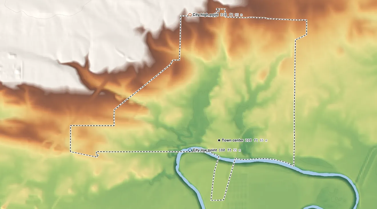 Topographic elevation map of Judsonia, Arkansas, shaded from 180 ft on the west side to 310 ft on the north side