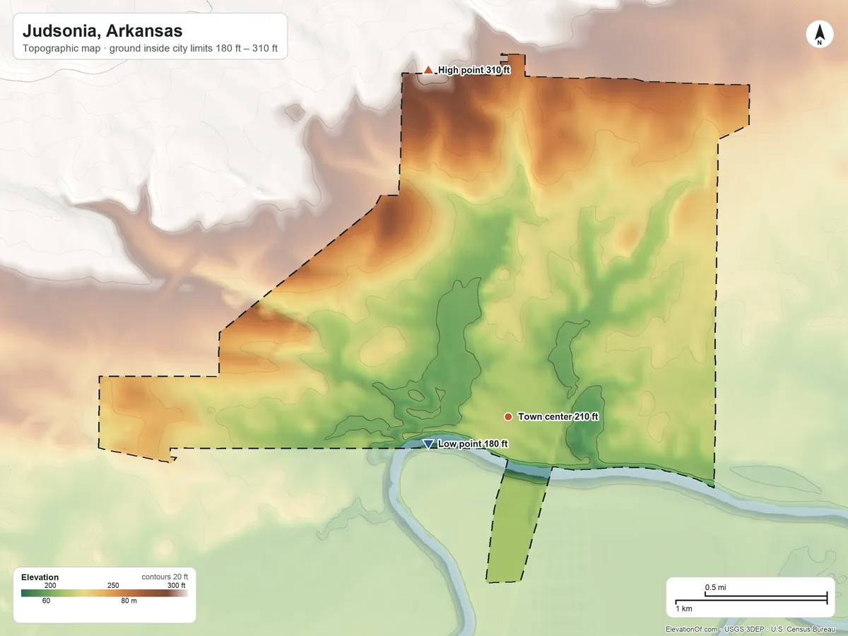 Topographic elevation map of Judsonia, Arkansas, shaded from 180 ft on the west side to 310 ft on the north side