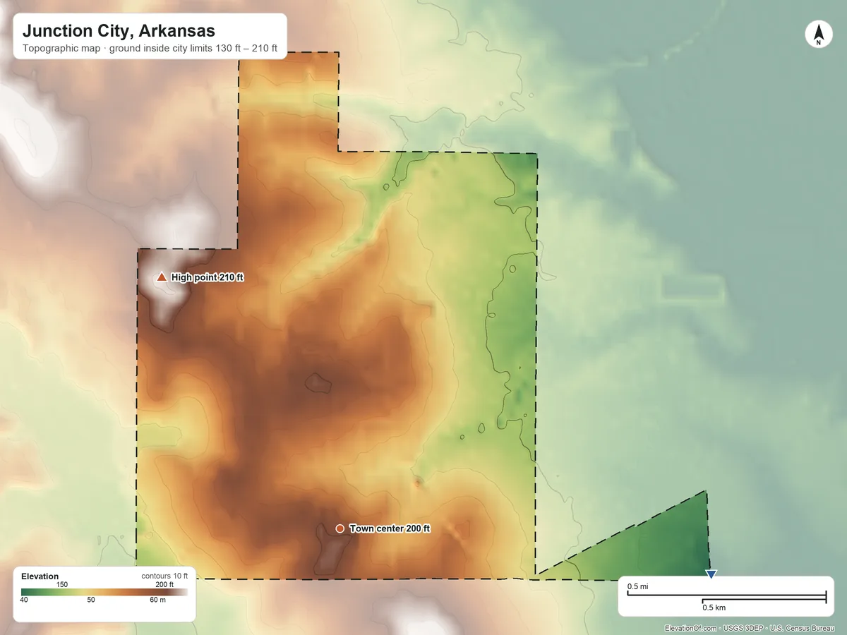 Topographic elevation map of Junction City, Arkansas, shaded from 130 ft on the east side to 210 ft on the northwest side