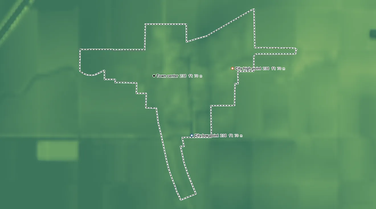 Topographic elevation map of Keiser, Arkansas, shaded from 230 ft on the southeast side to 230 ft on the east side