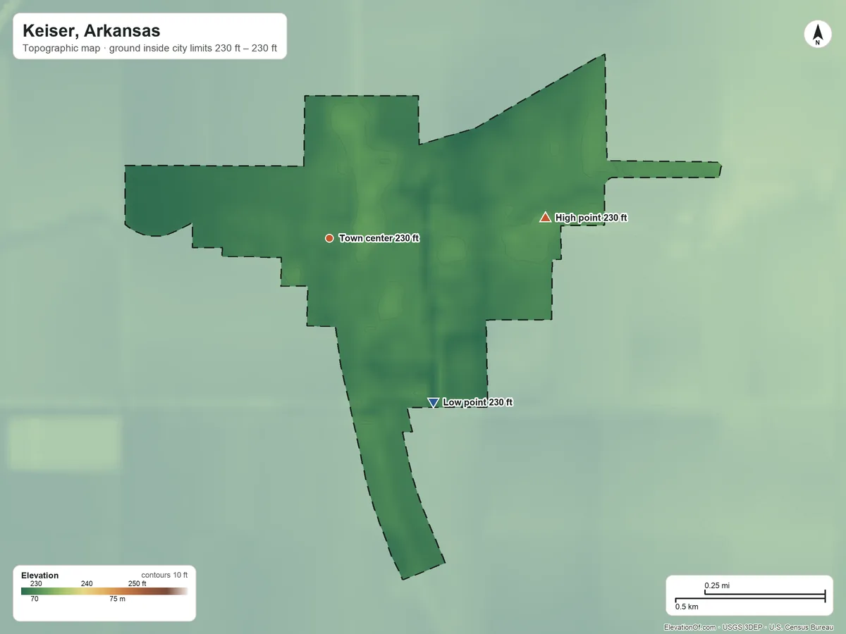 Topographic elevation map of Keiser, Arkansas, shaded from 230 ft on the southeast side to 230 ft on the east side