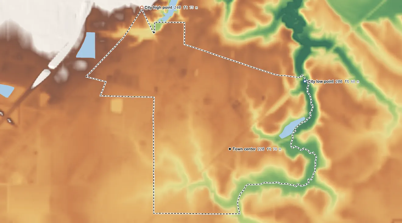 Topographic elevation map of Kensett, Arkansas, shaded from 200 ft on the northeast side to 240 ft on the northwest side