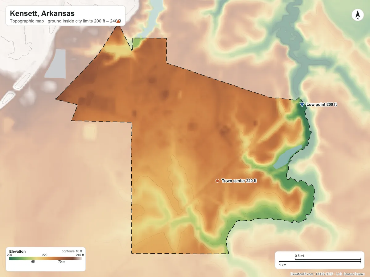 Topographic elevation map of Kensett, Arkansas, shaded from 200 ft on the northeast side to 240 ft on the northwest side
