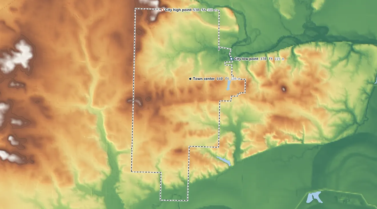 Topographic elevation map of Kibler, Arkansas, shaded from 370 ft on the northeast side to 530 ft on the north side
