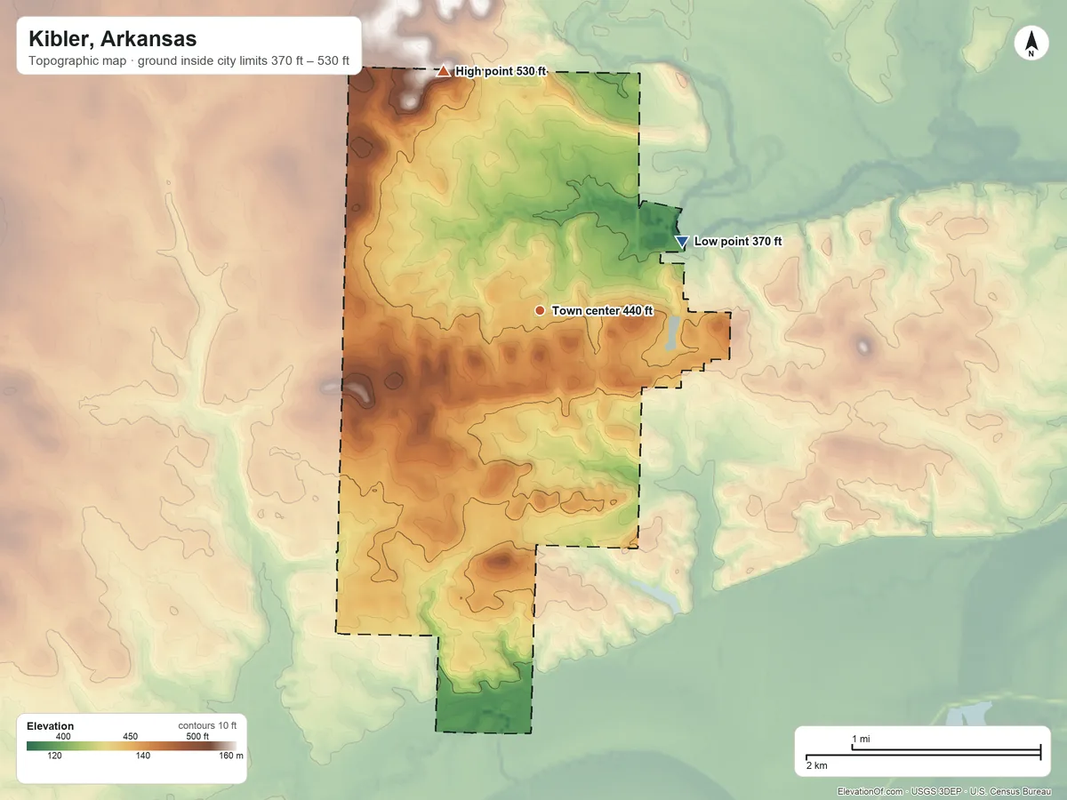 Topographic elevation map of Kibler, Arkansas, shaded from 370 ft on the northeast side to 530 ft on the north side