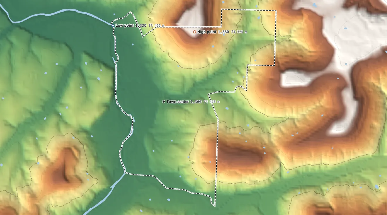 Topographic elevation map of Kingston, Arkansas, shaded from 1,320 ft on the northwest side to 1,880 ft on the northeast side