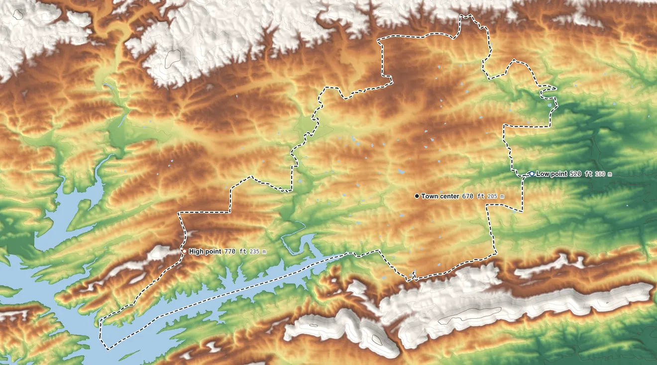 Topographic elevation map of Kirby, Arkansas, shaded from 520 ft on the east side to 770 ft on the west side