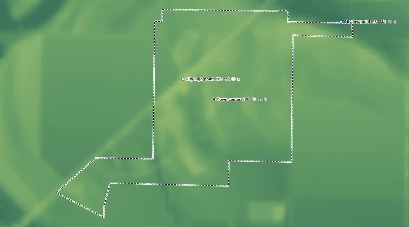 Topographic elevation map of Knobel, Arkansas, shaded from 280 ft on the northeast side to 280 ft on the northwest side