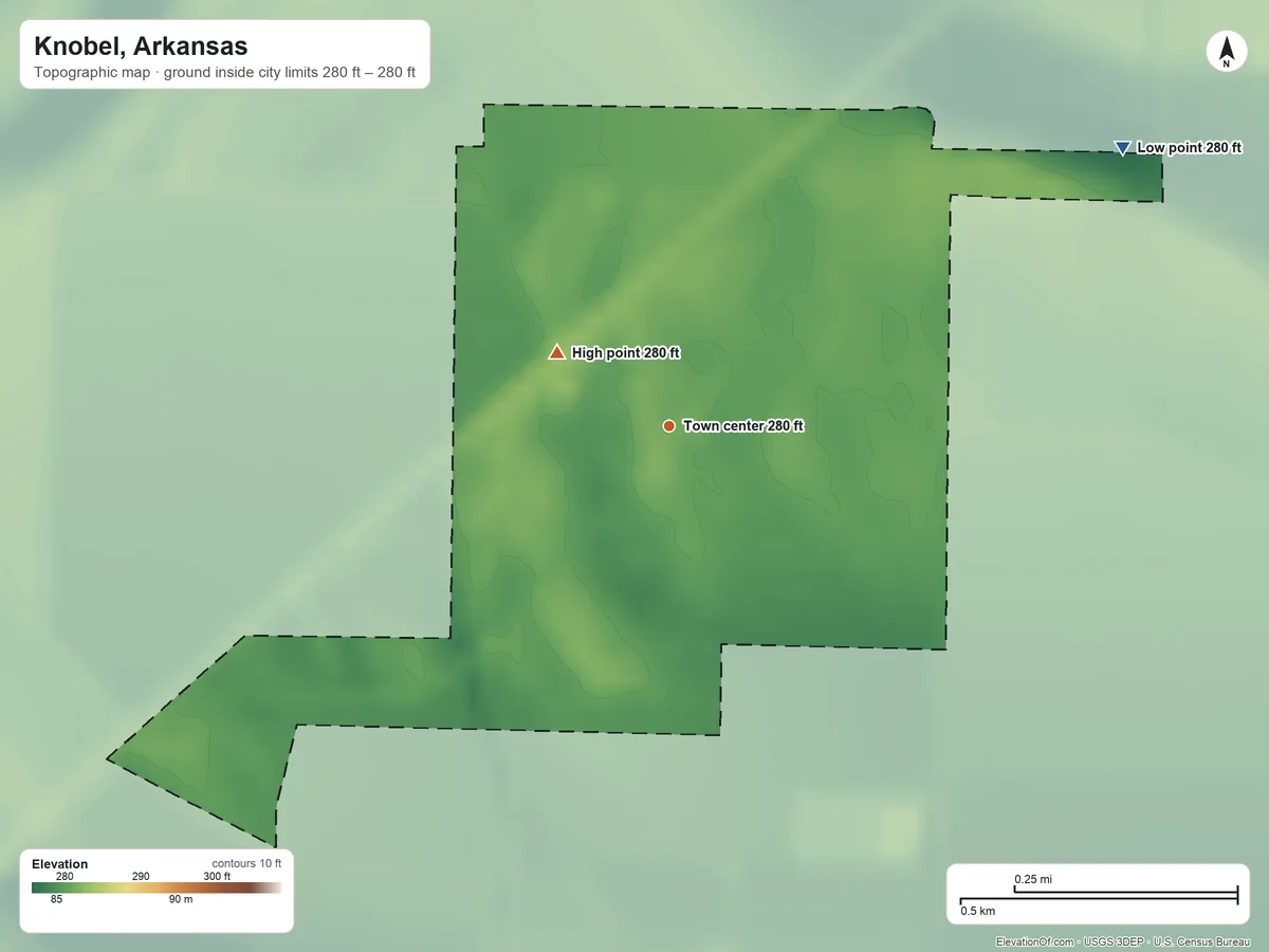 Topographic elevation map of Knobel, Arkansas, shaded from 280 ft on the northeast side to 280 ft on the northwest side