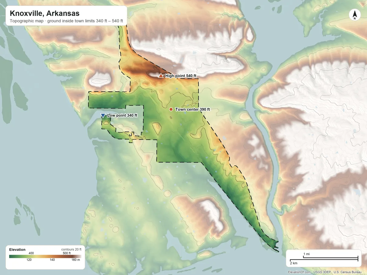 Topographic elevation map of Knoxville, Arkansas, shaded from 340 ft on the west side to 540 ft on the north side