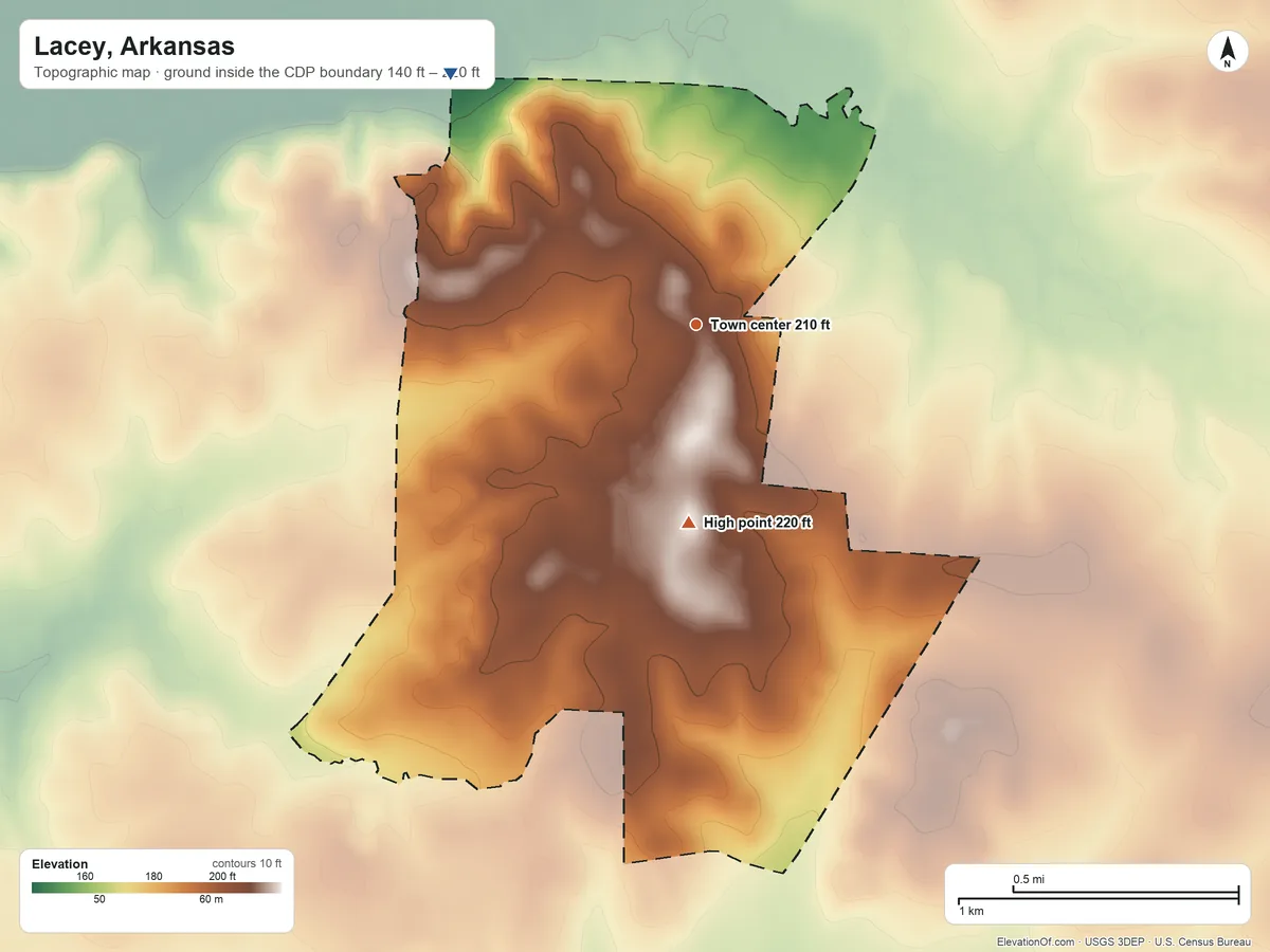 Topographic elevation map of Lacey, Arkansas, shaded from 140 ft on the northwest side to 220 ft on the south side