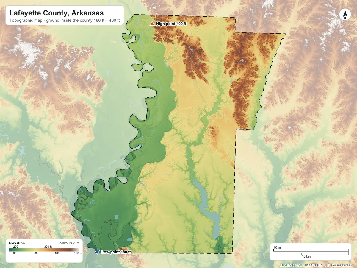 Topographic elevation map of Lafayette County, Arkansas, shaded from 180 ft on the southwest side to 400 ft on Boyd Hill