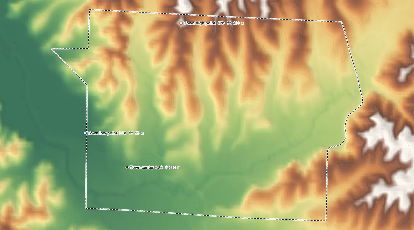 Topographic elevation map of Lafe, Arkansas, shaded from 310 ft on the northwest side to 420 ft on the north side