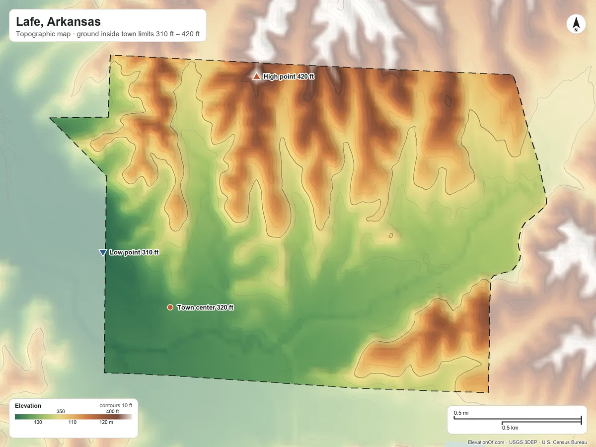 Topographic elevation map of Lafe, Arkansas, shaded from 310 ft on the northwest side to 420 ft on the north side