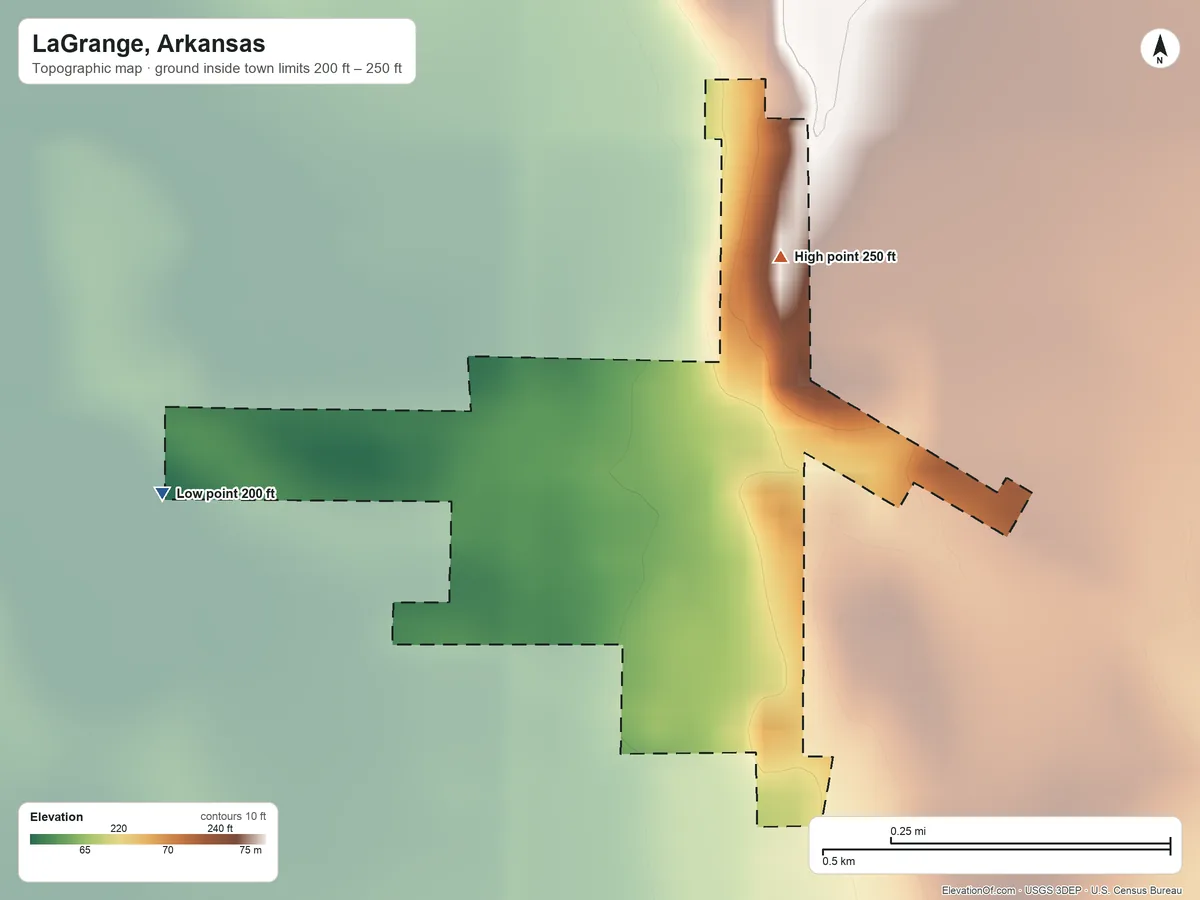 Topographic elevation map of LaGrange, Arkansas, shaded from 200 ft on the west side to 250 ft on the northeast side