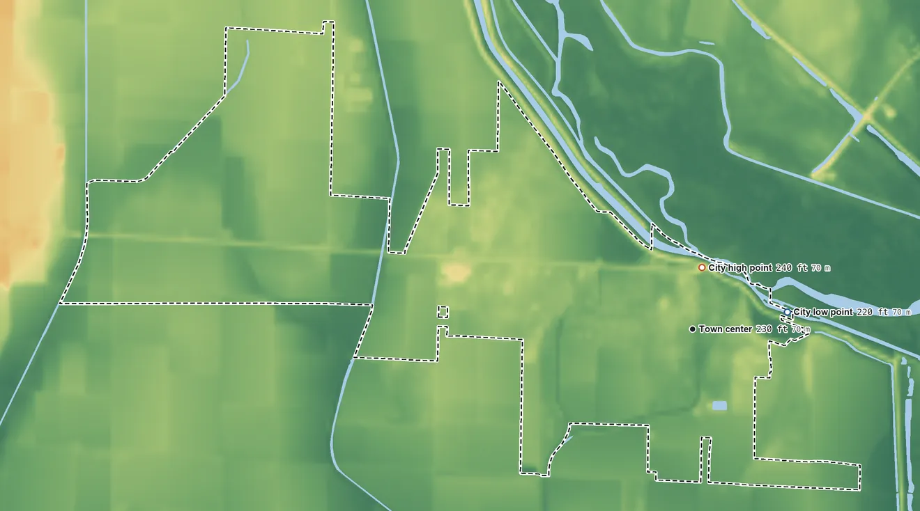 Topographic elevation map of Lake City, Arkansas, shaded from 220 ft on the east side to 240 ft near the middle