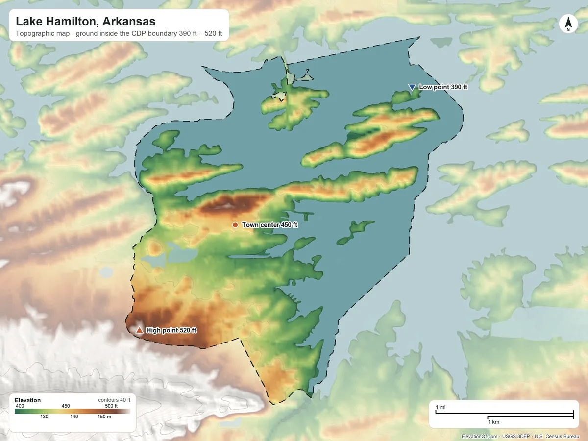 Topographic elevation map of Lake Hamilton, Arkansas, shaded from 390 ft on the northeast side to 520 ft on the southwest edge, below higher ground just outside