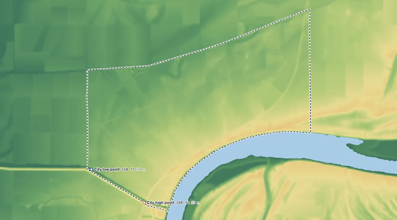 Topographic elevation map of Lake View, Arkansas, shaded from 160 ft on the west side to 180 ft on the southwest side