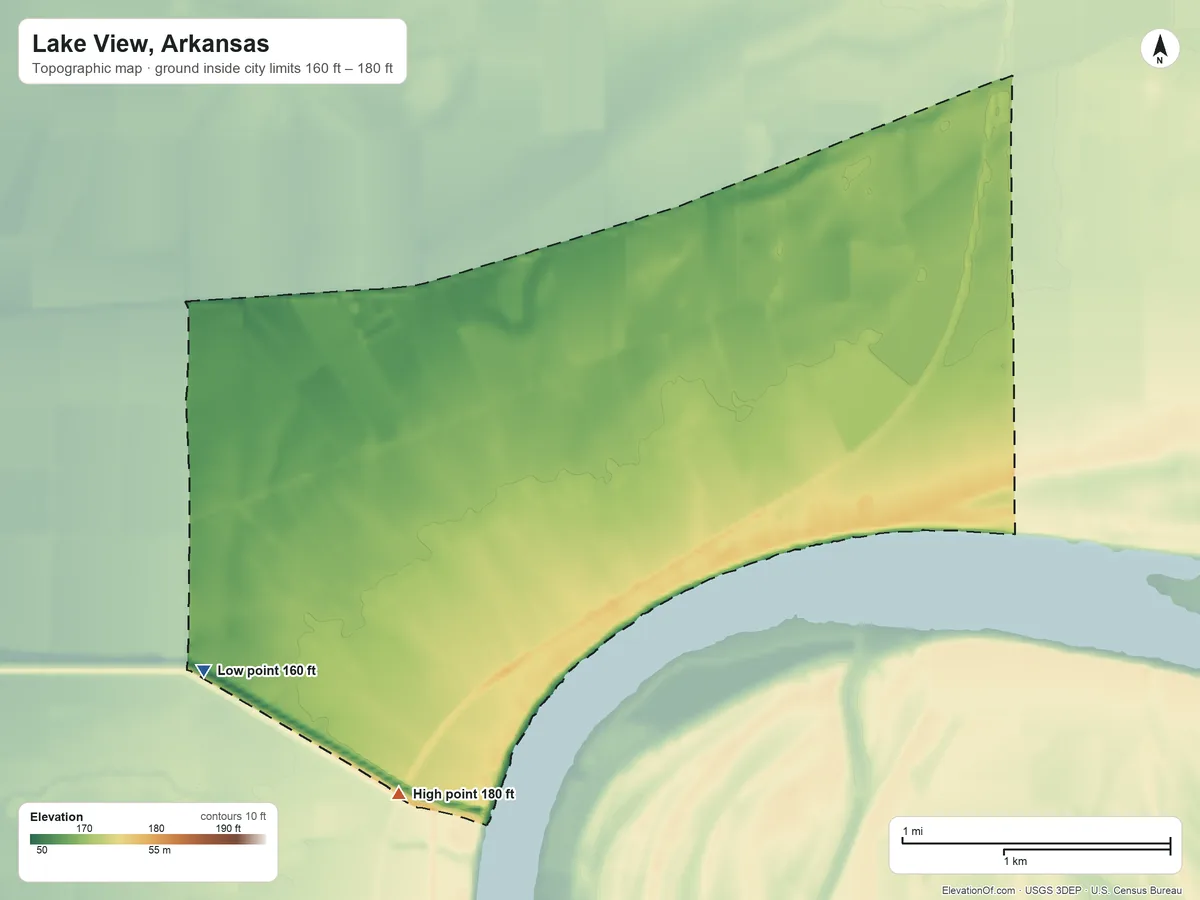 Topographic elevation map of Lake View, Arkansas, shaded from 160 ft on the west side to 180 ft on the southwest side