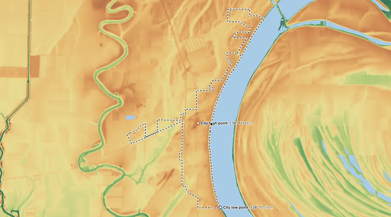 Topographic elevation map of Lake Village, Arkansas, shaded from 110 ft on the south side to 130 ft near the middle