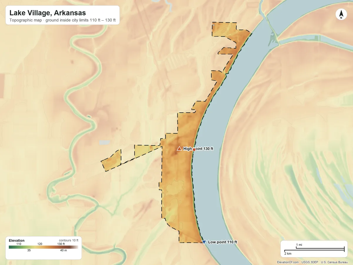 Topographic elevation map of Lake Village, Arkansas, shaded from 110 ft on the south side to 130 ft near the middle