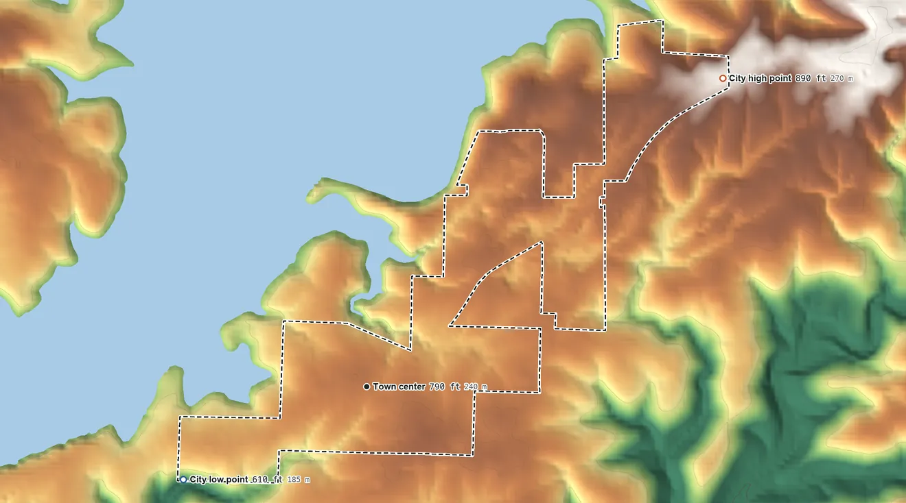 Topographic elevation map of Lakeview, Arkansas, shaded from 610 ft on the southwest side to 890 ft on the northeast side