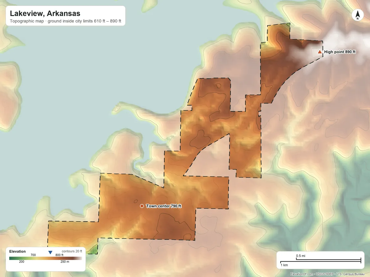 Topographic elevation map of Lakeview, Arkansas, shaded from 610 ft on the southwest side to 890 ft on the northeast side