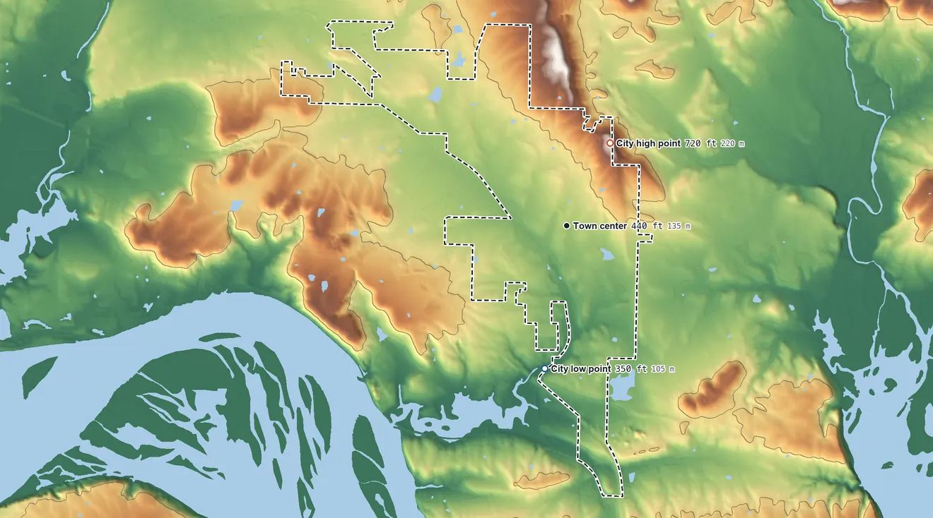 Topographic elevation map of Lamar, Arkansas, shaded from 350 ft on the south side to 720 ft on the northeast side