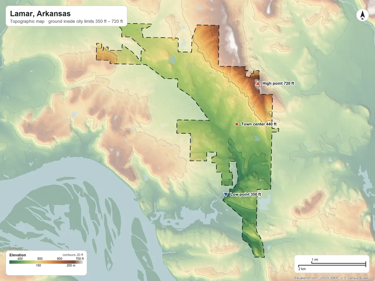 Topographic elevation map of Lamar, Arkansas, shaded from 350 ft on the south side to 720 ft on the northeast side
