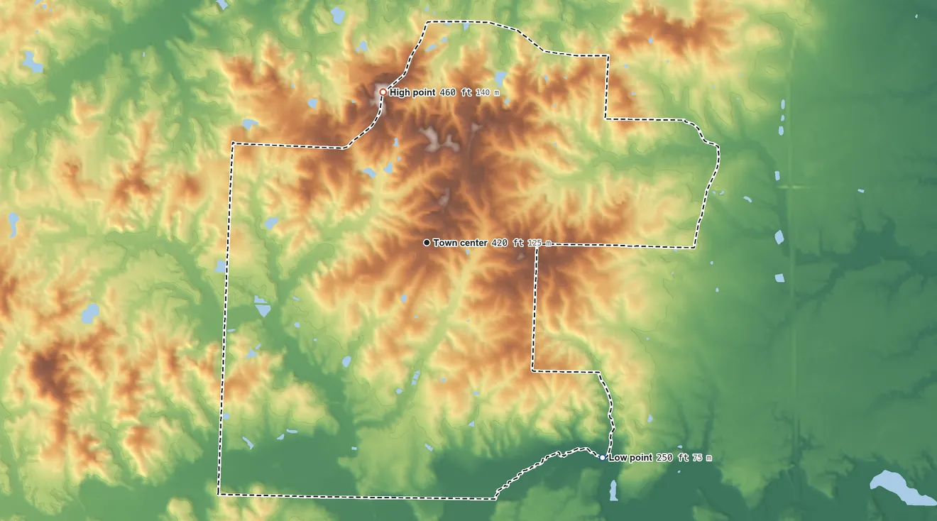 Topographic elevation map of Landmark, Arkansas, shaded from 250 ft on the southeast side to 460 ft on the north side