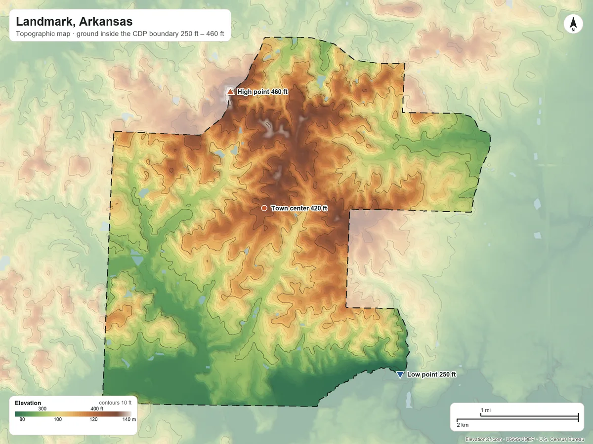 Topographic elevation map of Landmark, Arkansas, shaded from 250 ft on the southeast side to 460 ft on the north side
