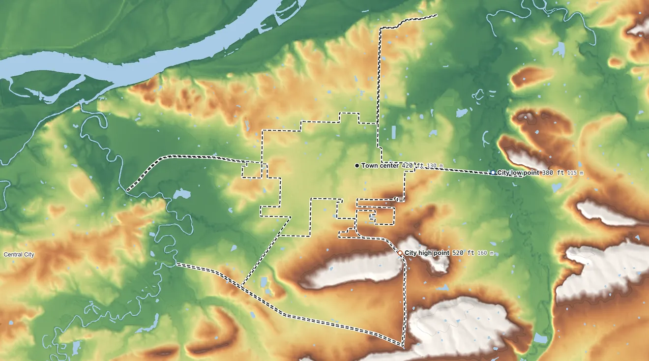 Topographic elevation map of Lavaca, Arkansas, shaded from 380 ft on the east side to 520 ft on the southeast side